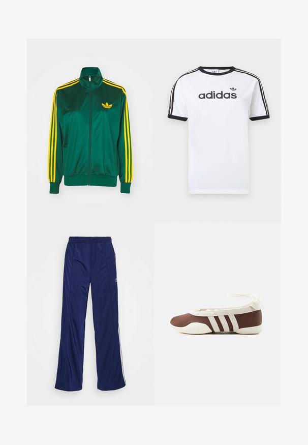 Grøn satin trackjakke, lynlåsfortil, høj krave, gul tre-stripes design på ærmerne og et lille gult logo på brystet.; Hvid bomulds-T-shirt med sorte detaljer, har rundt halsudskæring, korte ærmer, tre sorte striber på skuldrene og adidas-logo i sort.; Marineblå træningsbukser med elastisk talje, lige ben og sidelommer med lynlås. Har hvid piping langs siderne. Glat stofstruktur.; Brun og hvid balletflad sko med tre hvide striber og ankelbånds sløjfe på en ensartet lys baggrund.