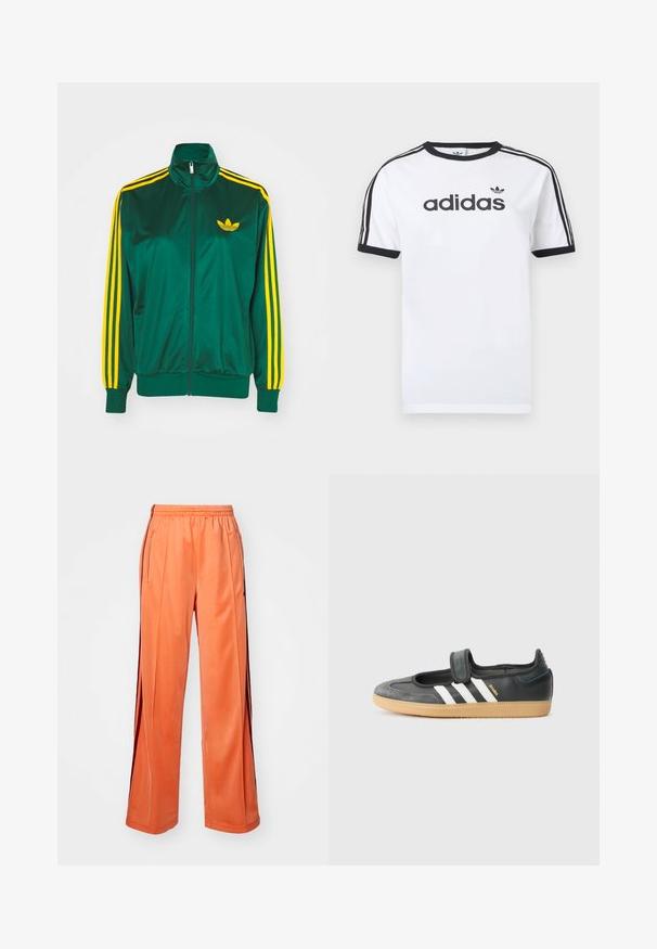 Groene satijnen trainingsjack, met rits aan de voorkant, hoge kraag, gele drie-strepen design op de mouwen en een klein geel logo op de borst.; Wit katoenen T-shirt met zwarte accenten, voorzien van een ronde hals, korte mouwen, drie zwarte strepen op de schouders en het "adidas"-logo in het zwart.; Oranje sportbroek van soepel materiaal, met een wijd pijpdesign, elastische tailleband en contrasterende zijstrepen.; Zwarte leren en suède sneaker met een klittenbandsluiting, voorzien van drie witte strepen en een gumzool, met de naam "SAMBA" aan de zijkant.
