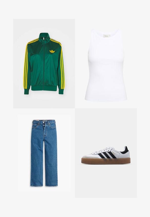 Grøn satin trackjakke, lynlåsfortil, høj krave, gul tre-stripes design på ærmerne og et lille gult logo på brystet.; Hvid ribbet tanktop med rund halsudskæring og uden ærmer. Strækbart stof og tætsiddende design. Etiketten bagpå viser "GESTUZ."; Blå denim lige ben jeans med høj talje, fem lomme design og knaplukning. Markante syninger og kobberfarvede nitter.; Hvide lædersneakers med sorte striber, gummirubber sål, rund tå, snørelukning og blød grå ruskinds tåhætte.