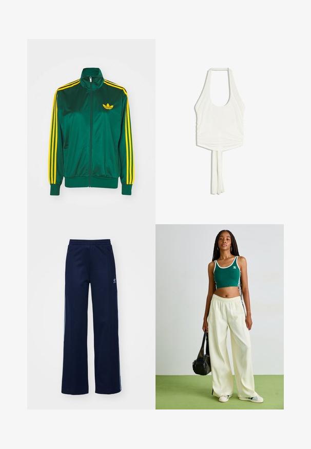 Grüne Satin-Trainingsjacke, mit Reißverschluss vorne, hohem Kragen, gelbem Drei-Streifen-Design an den Ärmeln und kleinem gelben Logo auf der Brust.; Weißes, ärmelloses Halterneck-Top mit rundem Ausschnitt und zwei langen Stoffbändern, die von der unteren Mitte herabhängen.; Helleblaue Baumwollmischung Trainingshosen mit weit geschnittenem Design, elastischem Bund und Reißverschlusstaschen, mit weißen Seitenstreifen und Logodetails.; Grünes, kurzes Tanktop mit weißen Akzenten, kombiniert mit weit geschnittenen, cremfarbenen Hosen. Das Model hält eine kleine schwarze Tasche. Schlichte Sneaker.