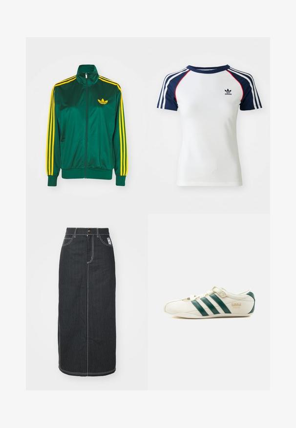 Chaqueta de pista satinada verde, con cremallera en la parte delantera, alto cuello, diseño de tres rayas amarillas en las mangas y un pequeño logo amarillo en el pecho.; Camiseta de algodón blanca con mangas raglán azul marino, que presenta tres franjas blancas y un pequeño logo de Adidas negro en el pecho. Acentos rojos.; Falda midi de mezclilla negra con rayas verticales blancas. Presenta una cintura con botones, dos bolsillos delanteros y costuras de contraste. Diseño ajustado recto.; Zapatilla blanca con franjas verdes, una correa de velcro y el texto "Tokio" en el lateral, vista desde el lado exterior sobre un fondo blanco.