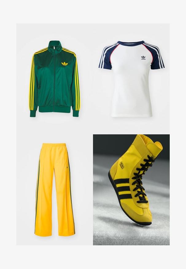 Chaqueta de pista satinada verde, con cremallera en la parte delantera, alto cuello, diseño de tres rayas amarillas en las mangas y un pequeño logo amarillo en el pecho.; Camiseta de algodón blanca con mangas raglán azul marino, que presenta tres franjas blancas y un pequeño logo de Adidas negro en el pecho. Acentos rojos.; Pantalones deportivos amarillos de pierna ancha, con stripes verdes en los laterales y un pequeño logo en la cadera izquierda. Cintura elástica para mayor comodidad.; Zapatillas altas hechas de material sintético amarillo, con cordones negros, tres rayas negras y logotipo en el lateral. Suela de goma texturizada.