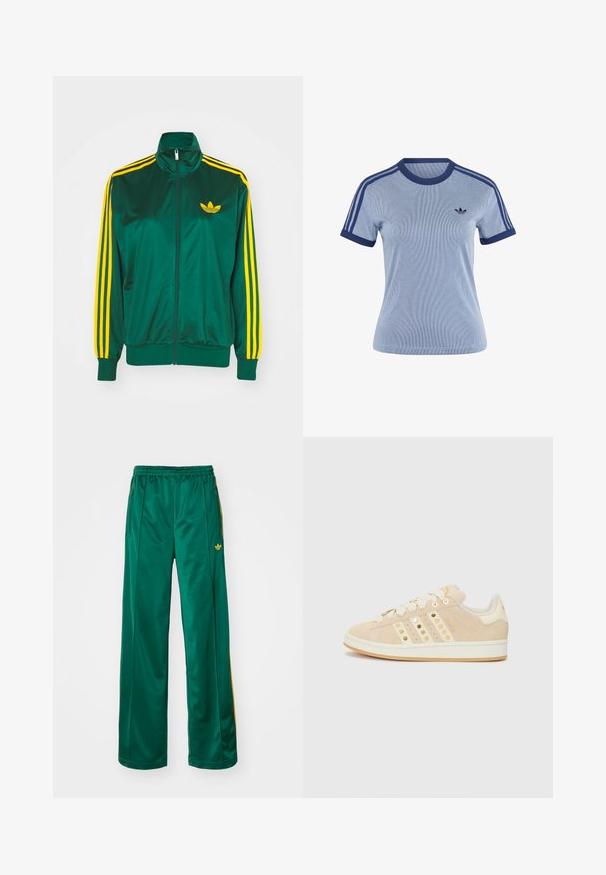Zelená saténová tréningová bunda, predné zips, vysoký golier, žltý trojprúžkový dizajn na rukávoch a malé žlté logo na hrudi.; Svetlomodré tričko Adidas s krátkym rukávom, tmavomodrým lemom na golieri a manžetách, tromi tmavomodrými pruhmi na pleciach a logom Adidas na hrudi.; Zelené saténové športové nohavice s voľným strihom, s žltými pruhmi a vyšitým logom na ľavej strane. Elastický pás.; adidas Originals CAMPUS 00S W - Tenisky - sand strata/cream white/gold-coloured