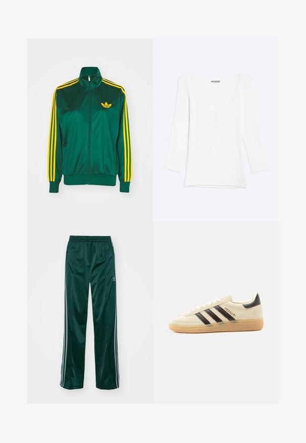Veste de survêtement en satin vert, fermeture éclair devant, col haut, design à trois rayures jaunes sur les manches, et un petit logo jaune sur la poitrine.; Chemise blanche à manches longues avec une encolure dégagée et une courte patte de boutonnage sur la poitrine, présentée sur un fond uni clair.; Pantalons de sport vert foncé en matériau brillant, avec des bandes latérales gris clair et un logo brodé sur la jambe gauche.; Baskets en daim crème avec des rayures noires, semelle en gomme, languette noire au talon et texte doré "SPEZIAL" sur le côté.