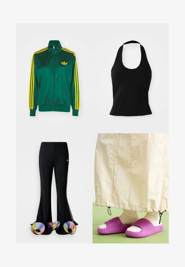 Grøn satin trackjakke, lynlåsfortil, høj krave, gul tre-stripes design på ærmerne og et lille gult logo på brystet.; Sort halterneck top lavet af blød stof, med en scoop halsudskæring og en tætsiddende silhuet, med en glat tekstur og uden synlige mønstre.; Sorte træningsbukser med en bred flared design. Har farverige, flæset nederste kanter og hvide sidelister. Lavet af strækstof.; Lilla gummisandaler med et tekstureret bånddesign, båret over cremefarvede sokker, parret med en lys beige nederdel. Grønne gulv.