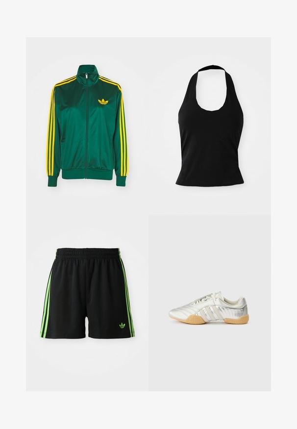 Grüne Satin-Trainingsjacke, mit Reißverschluss vorne, hohem Kragen, gelbem Drei-Streifen-Design an den Ärmeln und kleinem gelben Logo auf der Brust.; Schwarzes Halftertop aus weichem Stoff, mit einem U-Bootausschnitt und einer figurschmeichelnden Silhouette, glatter Textur und ohne sichtbare Muster.; Schwarze Sportshorts mit einem Kordelzugbund, die auf jeder Seite drei vertikale grüne Streifen und das grüne Adidas-Logo aufweisen.; Silberner Sportschuh mit glattem Lederobermaterial, Gummisohle und strukturierten Akzenten. Verfügt über ein geschwungenes Design und tonale Schnürsenkel.