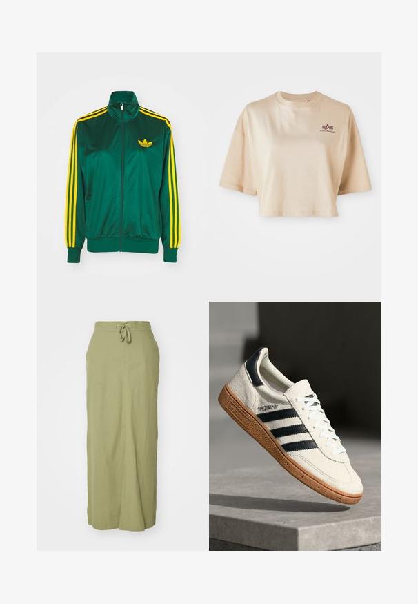 Grøn satin trackjakke, lynlåsfortil, høj krave, gul tre-stripes design på ærmerne og et lille gult logo på brystet.; Beige cropped t-shirt lavet af bomuld, med korte ærmer, en rund halsudskæring og et maroon logo grafik på venstre bryst.; Oliven grøn linned maxi-nederdel med snoretræk i taljen, lige silhuet, sidelommer og en glat tekstur.; Hvide ruskinds sneakers med marineblå striber, gummisål, struktureret overdel, rund tå og snøring; har branding på siden og tungen.