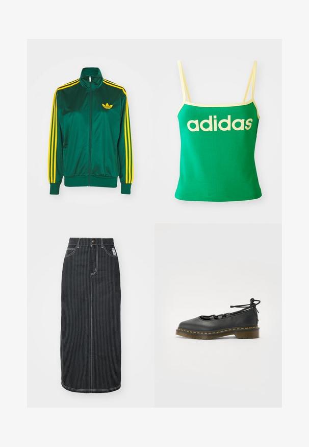 Chaqueta de pista satinada verde, con cremallera en la parte delantera, alto cuello, diseño de tres rayas amarillas en las mangas y un pequeño logo amarillo en el pecho.; Top verde con detalles amarillos, hecho de material elástico. Presenta un gran logo de "adidas" amarillo en el frente y tirantes delgados.; Falda midi de mezclilla negra con rayas verticales blancas. Presenta una cintura con botones, dos bolsillos delanteros y costuras de contraste. Diseño ajustado recto.; Zapato de cuero negro con punta redondeada, tacón bajo, detalles de cordones y costuras amarillas a lo largo de la suela. Textura suave con un acabado mate.