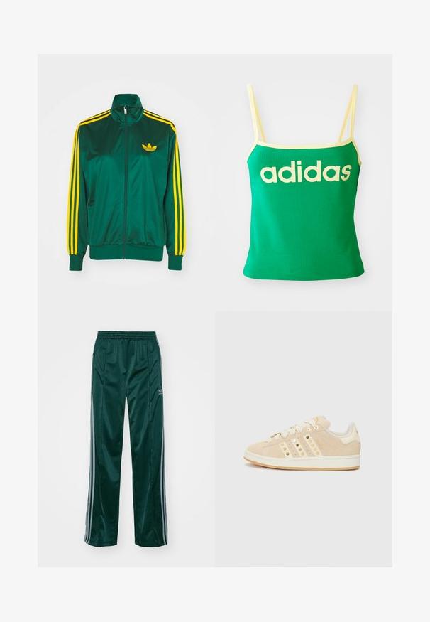 Grüne Satin-Trainingsjacke, mit Reißverschluss vorne, hohem Kragen, gelbem Drei-Streifen-Design an den Ärmeln und kleinem gelben Logo auf der Brust.; Grünes Tanktop mit gelben Akzenten, aus dehnbarem Material. Lieferumfang: großes gelbes "adidas"-Logo auf der Vorderseite und dünne Träger.; Dunkelgrüne Sporthosen aus glänzendem Material, mit seitlichen Streifen in Hellgrau und einem gestickten Logo auf dem linken Bein.; adidas Originals CAMPUS 00S W - Sneaker low - sand strata/cream white/gold-coloured
