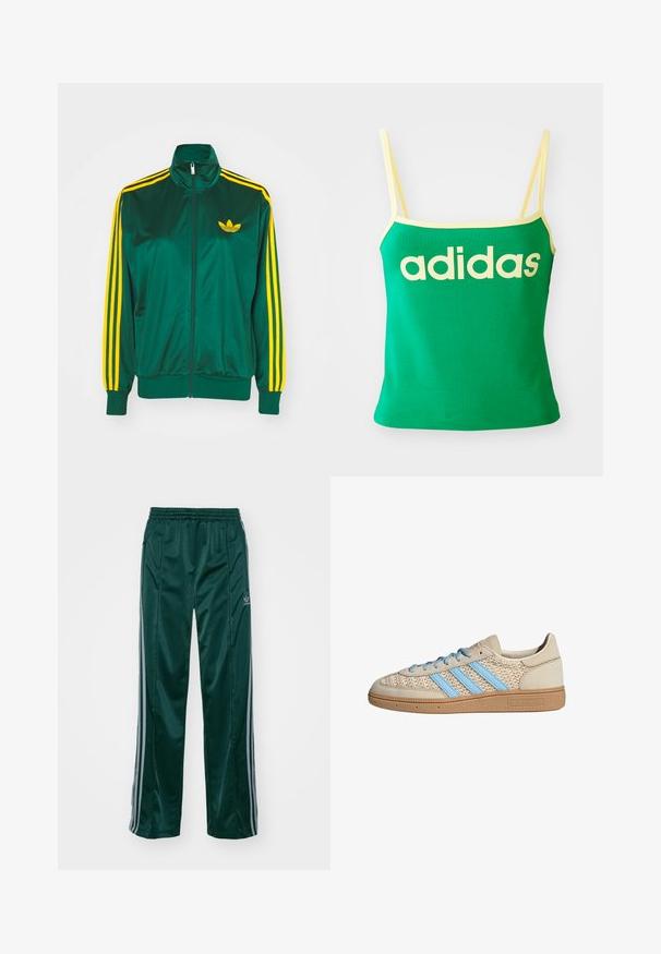 Grüne Satin-Trainingsjacke, mit Reißverschluss vorne, hohem Kragen, gelbem Drei-Streifen-Design an den Ärmeln und kleinem gelben Logo auf der Brust.; Grünes Tanktop mit gelben Akzenten, aus dehnbarem Material. Lieferumfang: großes gelbes "adidas"-Logo auf der Vorderseite und dünne Träger.; Dunkelgrüne Sporthosen aus glänzendem Material, mit seitlichen Streifen in Hellgrau und einem gestickten Logo auf dem linken Bein.; Beige Sneaker mit einem strukturierten Strick-Obermaterial, hellblauen Streifen und brauner Gummisohle. Mit runden Schnürsenkeln und Logodetail an der Seite.