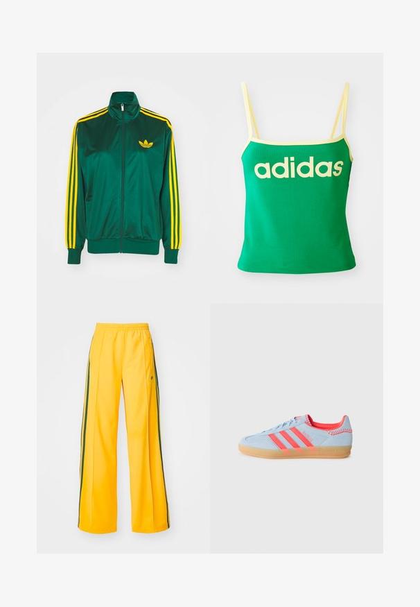 Grüne Satin-Trainingsjacke, mit Reißverschluss vorne, hohem Kragen, gelbem Drei-Streifen-Design an den Ärmeln und kleinem gelben Logo auf der Brust.; Grünes Tanktop mit gelben Akzenten, aus dehnbarem Material. Lieferumfang: großes gelbes "adidas"-Logo auf der Vorderseite und dünne Träger.; Gelbe Sporthosen mit weitem Bein, ausgestattet mit grünen Seitenstreifen und einem kleinen Logo auf der linken Hüfte. Elastischer Bund für mehr Komfort.; Hellblaue Wildledersneaker mit drei rosa Streifen, Gummisohle und genähten Akzenten. Verfügt über einen gepolsterten Kragen und retro Design-Elemente.