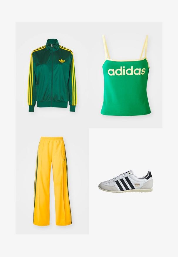 Grüne Satin-Trainingsjacke, mit Reißverschluss vorne, hohem Kragen, gelbem Drei-Streifen-Design an den Ärmeln und kleinem gelben Logo auf der Brust.; Grünes Tanktop mit gelben Akzenten, aus dehnbarem Material. Lieferumfang: großes gelbes "adidas"-Logo auf der Vorderseite und dünne Träger.; Gelbe Sporthosen mit weitem Bein, ausgestattet mit grünen Seitenstreifen und einem kleinen Logo auf der linken Hüfte. Elastischer Bund für mehr Komfort.; Weiße Sneaker mit schwarzen Streifen und goldener Markenkennzeichnung. Verfügt über Materialien aus Wildleder und Leder, ein durchlässiges Obermaterial und eine strukturierte Gummisohle.