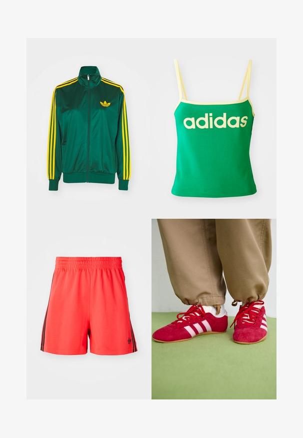 Chaqueta de pista satinada verde, con cremallera en la parte delantera, alto cuello, diseño de tres rayas amarillas en las mangas y un pequeño logo amarillo en el pecho.; Top verde con detalles amarillos, hecho de material elástico. Presenta un gran logo de "adidas" amarillo en el frente y tirantes delgados.; Pantalones cortos deportivos rojos hechos de un tejido ligero con una cintura elástica, que presentan tres rayas verticales negras a cada lado y un logotipo.; Zapatillas deportivas de ante rojo con rayas blancas, suela de goma plana y cordones rojos. Llevadas con pantalones beige, situadas sobre una superficie verde.