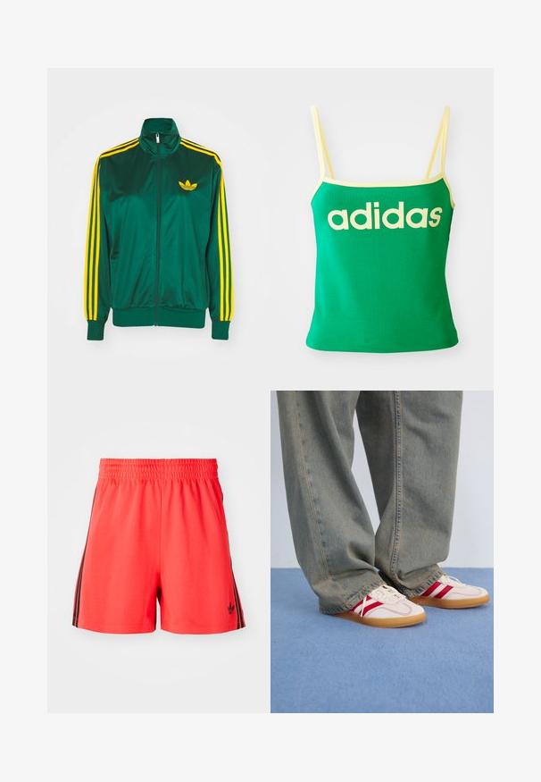 Grüne Satin-Trainingsjacke, mit Reißverschluss vorne, hohem Kragen, gelbem Drei-Streifen-Design an den Ärmeln und kleinem gelben Logo auf der Brust.; Grünes Tanktop mit gelben Akzenten, aus dehnbarem Material. Lieferumfang: großes gelbes "adidas"-Logo auf der Vorderseite und dünne Träger.; Rote Sportshorts aus leichtem Material mit elastischem Bund, ausgestattet mit drei schwarzen vertikalen Streifen auf jeder Seite und einem Logo.; Weiße Sneaker mit roten Streifen, Obermaterial aus strukturiertem Canvas, runde Zehenpartie, flache Gummisohle, kombiniert mit lockeren, ausgebleichten blauen Jeanshosen.