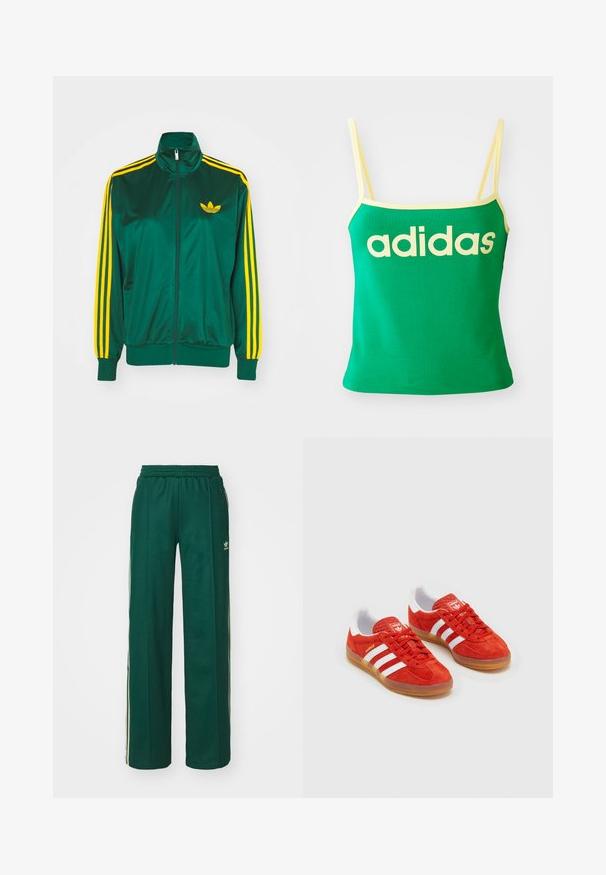 Groene satijnen trainingsjack, met rits aan de voorkant, hoge kraag, gele drie-strepen design op de mouwen en een klein geel logo op de borst.; Groene tanktop met gele accenten, gemaakt van rekbaar materiaal. Heeft een groot geel "adidas" logo over de voorkant en dunne banden.; Donkergroene sportbroek met een relaxte pasvorm, voorzien van een trekkoord in de taille, zijzakken en crèmekleurige strepen aan de zijkanten.; Rode suède sneakers met witte strepen, rubberen gumzool, gewatteerde kraag en logo op de tong. Klassiek ontwerp met textuur op de bovenkant.