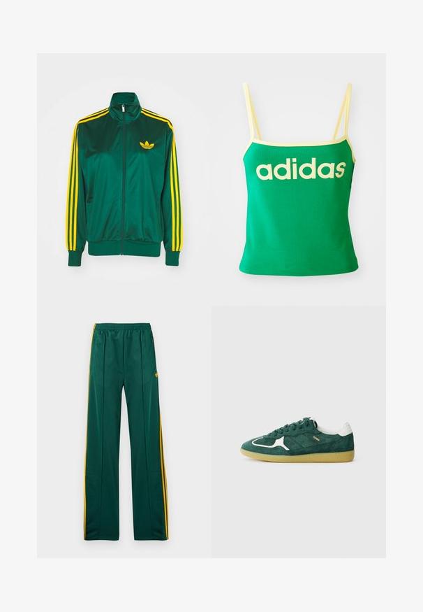 Chaqueta de pista satinada verde, con cremallera en la parte delantera, alto cuello, diseño de tres rayas amarillas en las mangas y un pequeño logo amarillo en el pecho.; Top verde con detalles amarillos, hecho de material elástico. Presenta un gran logo de "adidas" amarillo en el frente y tirantes delgados.; Pantalones deportivos verdes con rayas laterales amarillas, cintura elástica y dos bolsillos laterales. Hechos de un material liso y ligero.; Zapatillas verdes de ante con acentos blancos, detalles perforados y suela de goma texturizada. Presenta cordones redondos y talón acolchado.
