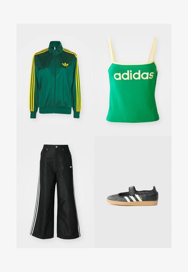 Chaqueta de pista satinada verde, con cremallera en la parte delantera, alto cuello, diseño de tres rayas amarillas en las mangas y un pequeño logo amarillo en el pecho.; Top verde con detalles amarillos, hecho de material elástico. Presenta un gran logo de "adidas" amarillo en el frente y tirantes delgados.; Pantalones de denim anchos y negros con tres franjas blancas en cada lado y un pequeño logo blanco. Cuenta con bolsillos frontales y un cierre de botón.; Zapatilla de deporte de cuero negro y ante con una correa de Velcro, que presenta tres rayas blancas y una suela de goma, etiquetada "SAMBA" en el lateral.
