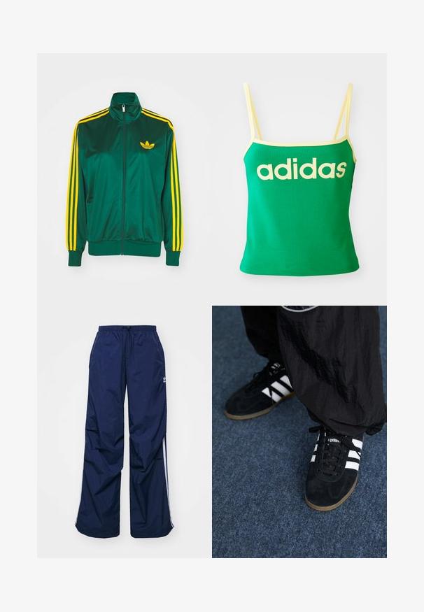 Chaqueta de pista satinada verde, con cremallera en la parte delantera, alto cuello, diseño de tres rayas amarillas en las mangas y un pequeño logo amarillo en el pecho.; Top verde con detalles amarillos, hecho de material elástico. Presenta un gran logo de "adidas" amarillo en el frente y tirantes delgados.; Pantalones de color azul marino, ligeros, con cintura elástica y cordón ajustable, con franjas blancas laterales y un pequeño logo en la parte delantera. Diseño de corte holgado.; Zapatillas deportivas de ante negro con tres rayas blancas y cordones negros. Un pantalón negro texturizado es parcialmente visible al lado de las zapatillas.