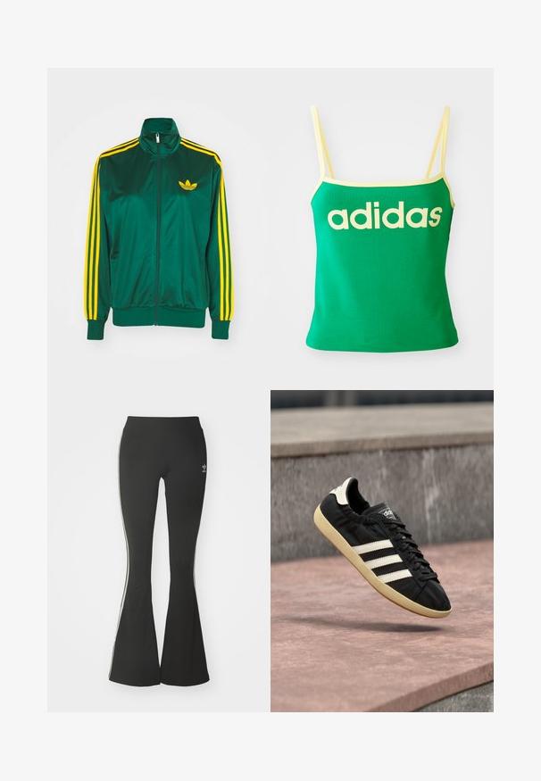 Grüne Satin-Trainingsjacke, mit Reißverschluss vorne, hohem Kragen, gelbem Drei-Streifen-Design an den Ärmeln und kleinem gelben Logo auf der Brust.; Grünes Tanktop mit gelben Akzenten, aus dehnbarem Material. Lieferumfang: großes gelbes "adidas"-Logo auf der Vorderseite und dünne Träger.; Schwarze ausgestellte Leggings aus Stretchmaterial mit hohem Bund und weißen Seitenstreifen. Inklusive kleinem Logo am Bund.; Schwarzer Adidas-Sneaker mit weißen Streifen und beiger Sohle, in der Luft über einer steinernen Oberfläche und mit Steinwand im Hintergrund aufgenommen.