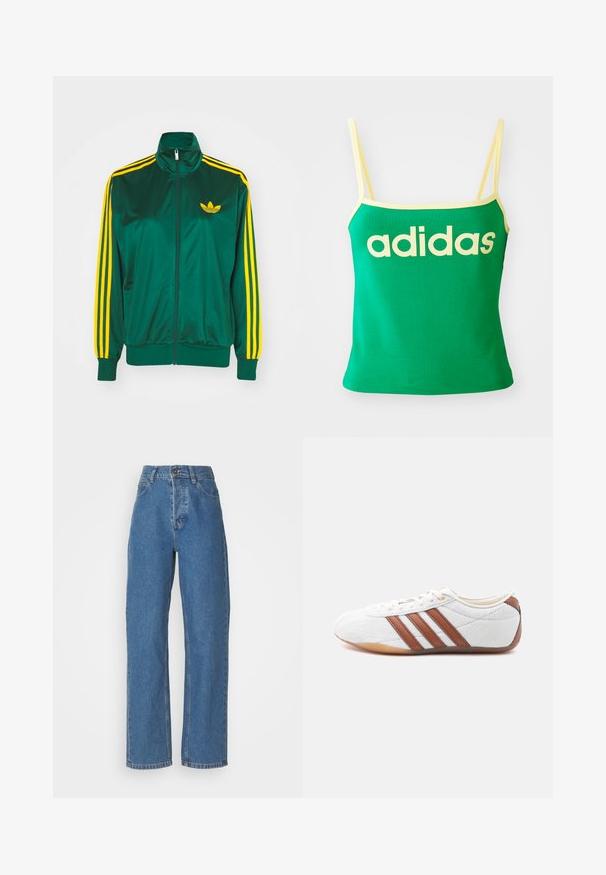 Grüne Satin-Trainingsjacke, mit Reißverschluss vorne, hohem Kragen, gelbem Drei-Streifen-Design an den Ärmeln und kleinem gelben Logo auf der Brust.; Grünes Tanktop mit gelben Akzenten, aus dehnbarem Material. Lieferumfang: großes gelbes "adidas"-Logo auf der Vorderseite und dünne Träger.; Hoch taillierte, gerade geschnittene blaue Jeans mit einem verblassten Finish. Besitzt fünf Taschen, einen Knopfverschluss und dezente Nähte.; Weißer Sneaker mit niedrigem Schaft, braunen Lederstreifen, Schnürverschluss und einer Laufsohle aus Gummimaterial, von der Innenseite auf weißem Hintergrund gezeigt.