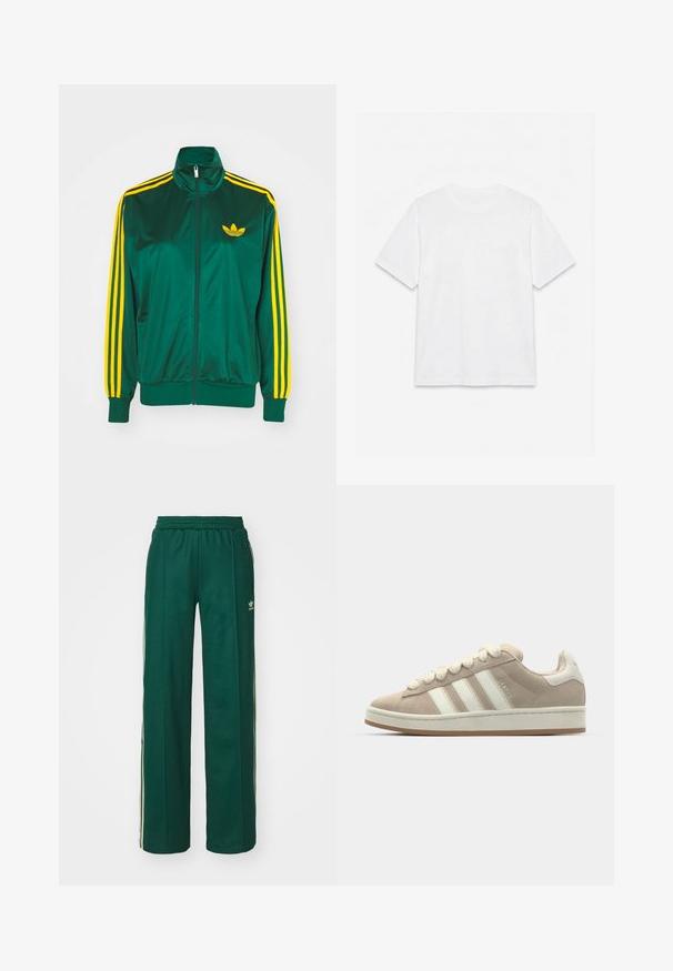 Groene satijnen trainingsjack, met rits aan de voorkant, hoge kraag, gele drie-strepen design op de mouwen en een klein geel logo op de borst.; Effend wit T-shirt met korte mouwen en ronde hals, plat gelegd op een witte achtergrond.; Donkergroene sportbroek met een relaxte pasvorm, voorzien van een trekkoord in de taille, zijzakken en crèmekleurige strepen aan de zijkanten.; Tan suède sneaker met witte leren strepen en veters, rubberen zool, gewatteerde kraag en tekstuurdetails aan de bovenkant.