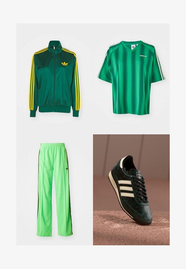 Grøn satin trackjakke, lynlåsfortil, høj krave, gul tre-stripes design på ærmerne og et lille gult logo på brystet.; Grønstribet T-shirt med korte ærmer, V-hals og Adidas-logo. Har kontrasterende hvide sidelister og en glat, letvægtsstof.; Grønne atletiske bukser lavet af glat, let materiale, med sorte sidestriber og et broderet logo på fronten.; Grønne teksturerede sneakers med et slangeskinds-mønster, som har tre cremede striber, sorte snørebånd og en sort ydersål. Klassisk Adidas branding.