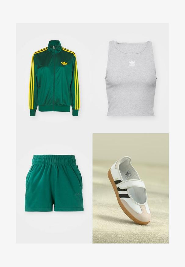 Grüne Satin-Trainingsjacke, mit Reißverschluss vorne, hohem Kragen, gelbem Drei-Streifen-Design an den Ärmeln und kleinem gelben Logo auf der Brust.; Graues, ärmelloses Crop-Top aus weichem Stoff, mit Rundhalsausschnitt und kleinem weißen Adidas-Logo auf der Brust.; Grüne lässige Shorts mit elastischem Bund, Seitentaschen und dezentem Logo am rechten Oberschenkel.; Weiße Schuhe mit einer pinken Wildleder-Zehe, schwarzen Streifen und einem Klettverschluss. Sie verfügen über eine tanfarbene Gummisohle und ein Logo an der Seite.