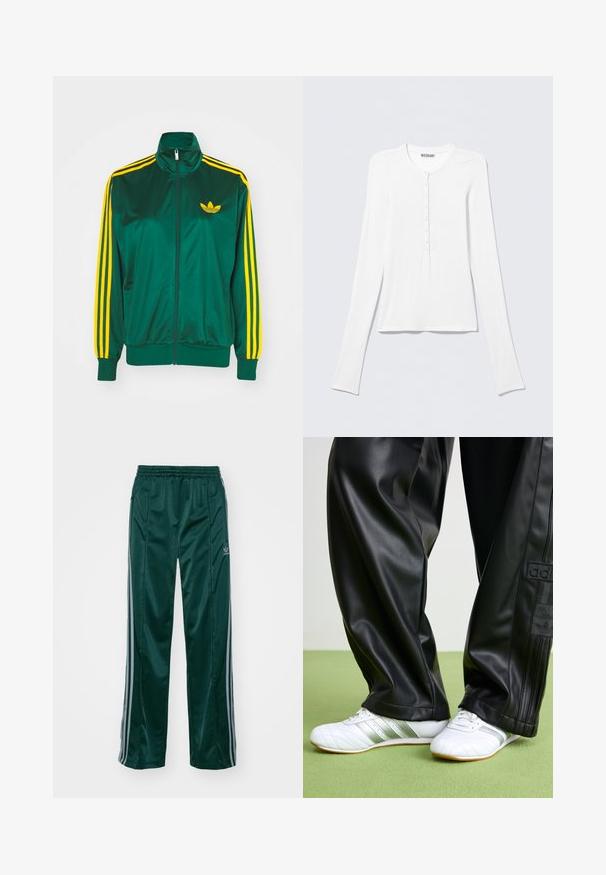Groene satijnen trainingsjack, met rits aan de voorkant, hoge kraag, gele drie-strepen design op de mouwen en een klein geel logo op de borst.; Wit Henley-shirt met lange mouwen, een ronde hals en een verticale rij kleine knopen middenvoor.; Donkergroene sportbroeken van glanzend materiaal, met zijstrepens in lichtgrijs en een geborduurd logo op het linkerbeen.; Zwarte faux leren broek met een losse pasvorm, voorzien van een gladde textuur en zijstrepen. Gepaarde met witte sneakers met zilveren accenten.