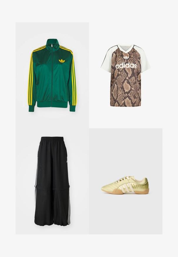 Grüne Satin-Trainingsjacke, mit Reißverschluss vorne, hohem Kragen, gelbem Drei-Streifen-Design an den Ärmeln und kleinem gelben Logo auf der Brust.; Adidas Kurzarm-V-Ausschnitt-Shirt mit weißen Ärmeln und braunem Schlangenprint am Körper, versehen mit weißem Adidas-Logo und Trefoil-Emblem auf der Vorderseite.; Schwarze Trainingshose mit elastischem Bund, seitlichen Streifen und lockerer Passform mit gerafftem Saum für eine fließende Silhouette.; Limettengrüner synthetischer Sportschuh mit glatter Textur, ausgestattet mit drei weißen Streifen, einem weichen Innenfutter und einer strukturierten Gummisohle.