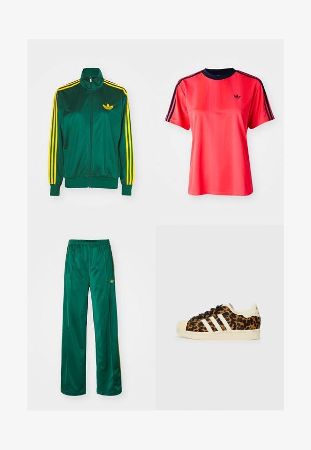 Grøn satin trackjakke, lynlåsfortil, høj krave, gul tre-stripes design på ærmerne og et lille gult logo på brystet.; Rød sports t-shirt med korte ærmer, der har lodrette striber, en marineblå rund hals og et lille sort logo på forsiden.; Grønne satin atletikbukser med en afslappet pasform, der har gule stribeaccenter og et broderet logo på venstre side. Elastisk talje.; Sneakers med leopardmønster, sorte snørebånd, hvidt design med tre striber, cremefarvet gummitå og sål samt tekstureret overmateriale.