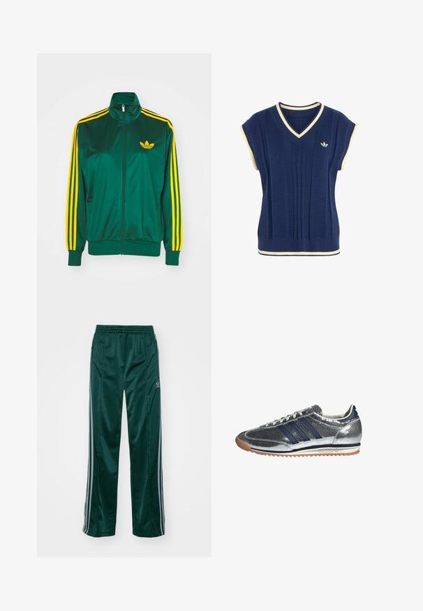 Grøn satin trackjakke, lynlåsfortil, høj krave, gul tre-stripes design på ærmerne og et lille gult logo på brystet.; Marineblå strikket ærmeløs sweatervest med hvid kant på V-hals, ærmegab og kant, med lille hvid Adidas-logo på brystet.; Mørkegrønne træningsbukser lavet af skinnende materiale, med sidelister i lys grå og et broderet logo på venstre ben.; Sølv syntetisk sneakers med marineblå striber, rund tå, hvidt foer og gummisko. Har tekstureret overdel og snøring.