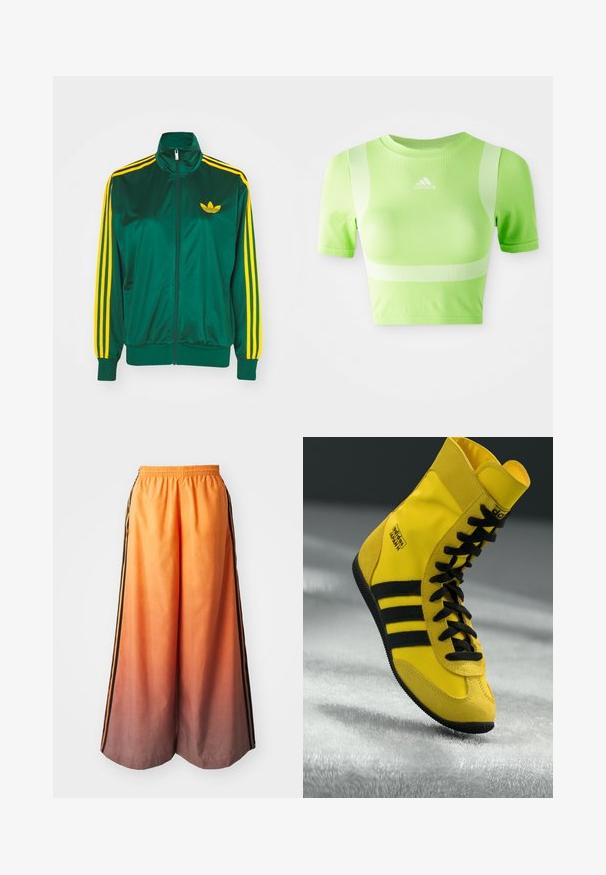 Grøn satin trackjakke, lynlåsfortil, høj krave, gul tre-stripes design på ærmerne og et lille gult logo på brystet.; Kappet atletisk skjorte i lys grøn stof. Har korte ærmer, rund hals og hvidt diagonalt stribemønster på skuldrene. adidas-logo på fronten.; Orange gradient brede bukser med en sort sidestribe, der har en elastisk talje og letvægtsmateriale.; Høje sneakers lavet af gult syntetisk materiale, der har sorte snørebånd, tre sorte striber og branding på siden. Struktureret gummisål.