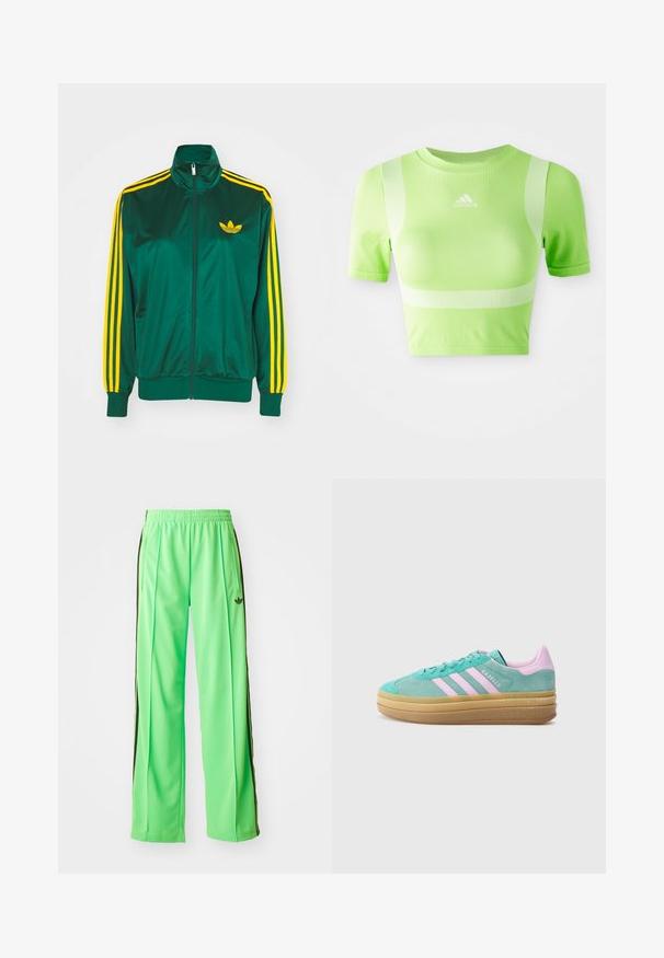 Grøn satin trackjakke, lynlåsfortil, høj krave, gul tre-stripes design på ærmerne og et lille gult logo på brystet.; Kappet atletisk skjorte i lys grøn stof. Har korte ærmer, rund hals og hvidt diagonalt stribemønster på skuldrene. adidas-logo på fronten.; Grønne atletiske bukser lavet af glat, let materiale, med sorte sidestriber og et broderet logo på fronten.; adidas Originals GAZELLE BOLD - Sneakers - powder teal/bliss lilac/pure teal