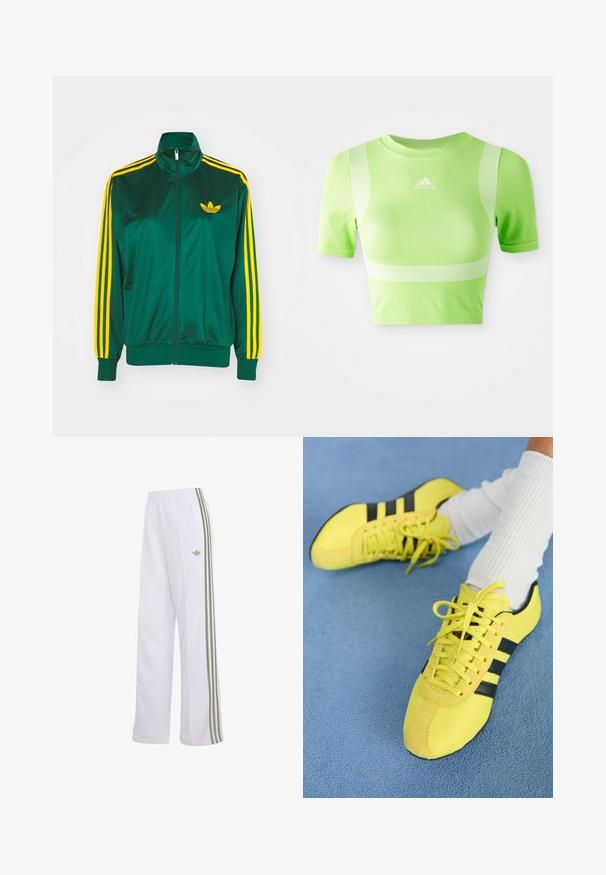 Chaqueta de pista satinada verde, con cremallera en la parte delantera, alto cuello, diseño de tres rayas amarillas en las mangas y un pequeño logo amarillo en el pecho.; Camiseta deportiva recortada de tejido verde brillante. Presenta mangas cortas, cuello redondo y un patrón de rayas diagonales blancas en los hombros. Logo de adidas en el frente.; Pantalones deportivos blancos con tres franjas beige a los lados, cintura elástica, bolsillo lateral con cremallera y pequeño logo de Adidas en el muslo izquierdo.; Zapatillas deportivas de color amarillo brillante con rayas y cordones negros; presentan una parte superior texturizada y acentos de ante. Se usan con calcetines blancos de canalé.