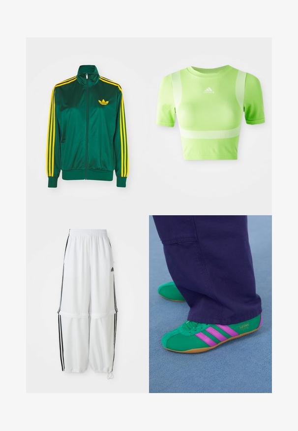 Grøn satin trackjakke, lynlåsfortil, høj krave, gul tre-stripes design på ærmerne og et lille gult logo på brystet.; Kappet atletisk skjorte i lys grøn stof. Har korte ærmer, rund hals og hvidt diagonalt stribemønster på skuldrene. adidas-logo på fronten.; Hvide sportbukser med en afslappet pasform, elastisk talje og sorte sidelæg. Har lynlåslommer og elastiske afslutninger ved anklerne.; Grønne og lilla ruskinds sportsko med tre stribede detaljer og en gummisål, parret med lilla bukser, på en blød blå overflade.