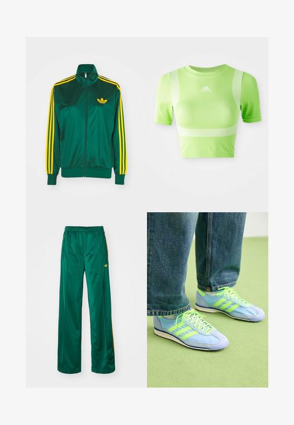 Grüne Satin-Trainingsjacke, mit Reißverschluss vorne, hohem Kragen, gelbem Drei-Streifen-Design an den Ärmeln und kleinem gelben Logo auf der Brust.; Kurzes sportliches Shirt aus leuchtend grünem Stoff. Mit kurzen Ärmeln, Rundhalsausschnitt und weißem diagonalen Streifenmuster auf den Schultern. adidas-Logo auf der Vorderseite.; Grüne satinierte Sporthosen mit entspannter Passform, mit gelben Streifenakzenten und einem gestickten Logo auf der linken Seite. Elastischer Bund.; Hellblaue Sportschuhe mit grünen Akzenten, aus Wildleder und synthetischem Material, ausgestattet mit drei Streifen und einer strukturierten Sohle. Kombiniert mit lockeren Jeanshosen.