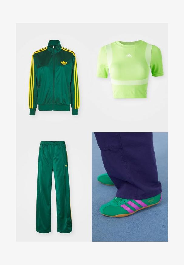 Veste de survêtement en satin vert, fermeture éclair devant, col haut, design à trois rayures jaunes sur les manches, et un petit logo jaune sur la poitrine.; T-shirt de sport coupé en tissu vert vif. Il dispose de manches courtes, d'un col rond et d'un motif de rayures blanches en diagonale sur les épaules. Logo adidas sur le devant.; Pantalons de sport en satin vert avec une coupe décontractée, présentant des accents de rayures jaunes et un logo brodé sur le côté gauche. Taille élastique.; Des chaussures de sport en suede vert et violet avec trois accents rayés et une semelle en gomme, assorties à un pantalon violet, sur une surface bleue douce.