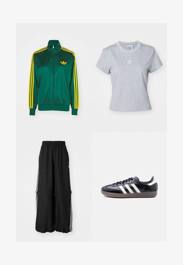 Grøn satin trackjakke, lynlåsfortil, høj krave, gul tre-stripes design på ærmerne og et lille gult logo på brystet.; adidas Originals ESS SLIM TEE - T-shirts basic - medium grey heather; Sorte atletiske bukser med elastisk talje, sidelæns striber og en løs pasform med en samlet kant for en luftig silhuet.; Lavprofils sort sneaker med tekstureret slangeskindsmønster, hvide striber på siden, sorte snørebånd og en gennemsigtig brun sål.