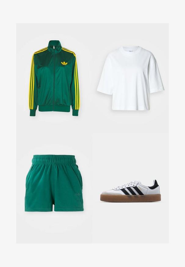 Grøn satin trackjakke, lynlåsfortil, høj krave, gul tre-stripes design på ærmerne og et lille gult logo på brystet.; Hvid cropped t-shirt med korte ærmer, rund halsudskæring, lavet af blødt bomuldsmateriale, med et enkelt og rent design.; Grønne elastiske casual shorts med sidelommer og en diskret logo på højre ben.; Hvide lædersneakers med sorte striber, gummirubber sål, rund tå, snørelukning og blød grå ruskinds tåhætte.