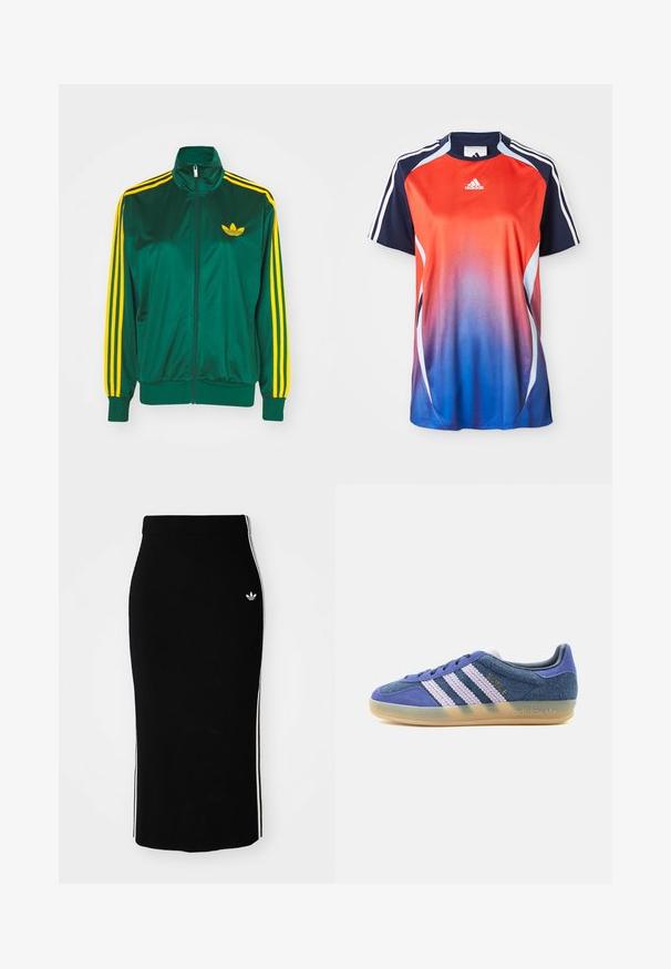 Chaqueta de pista satinada verde, con cremallera en la parte delantera, alto cuello, diseño de tres rayas amarillas en las mangas y un pequeño logo amarillo en el pecho.; Camisa deportiva de manga corta de Adidas con un degradado que va del rojo al azul, con detalles en azul marino y rayas blancas a lo largo de los hombros.; Falda midi negra con diseño ajustado, que presenta franjas laterales blancas y un pequeño emblema blanco en el lado izquierdo.; Zapatilla baja de ante azul con rayas blancas texturizadas, suela de goma translúcida y logotipo dorado "BAYRE" en el lateral.