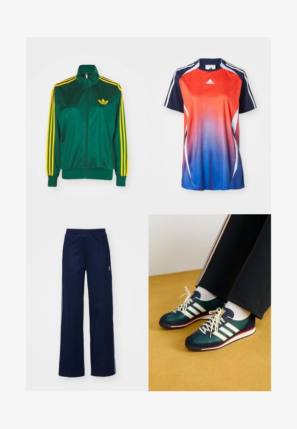Grüne Satin-Trainingsjacke, mit Reißverschluss vorne, hohem Kragen, gelbem Drei-Streifen-Design an den Ärmeln und kleinem gelben Logo auf der Brust.; Adidas Sportshirt mit kurzen Ärmeln in einem Farbverlauf von Rot zu Blau, mit marineblauen Akzenten und weißen Streifen an den Schultern.; Helleblaue Baumwollmischung Trainingshosen mit weit geschnittenem Design, elastischem Bund und Reißverschlusstaschen, mit weißen Seitenstreifen und Logodetails.; Grüne Wildleder- und Mesh-Sneaker mit weißen Streifen und roten Akzenten. Sie verfügen über eine flache Sohle und eine runde Zehenpartie, die mit cremefarbenen Schnürsenkeln gebunden sind.