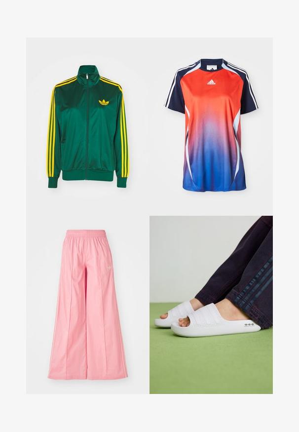 Grüne Satin-Trainingsjacke, mit Reißverschluss vorne, hohem Kragen, gelbem Drei-Streifen-Design an den Ärmeln und kleinem gelben Logo auf der Brust.; Adidas Sportshirt mit kurzen Ärmeln in einem Farbverlauf von Rot zu Blau, mit marineblauen Akzenten und weißen Streifen an den Schultern.; Rosa weit geschnittene Hosen aus einem leichten Stoff, mit einem elastischen Bund und dezenten weißen Seitenstreifen. Kleines Logo auf der Vorderseite.; Weiße Gummisandalen mit drei strukturierten horizontalen Streifen, einer abgerundeten Zehenpartie und einem auf der Seite gedruckten Logo, kombiniert mit dunklen Jeans.