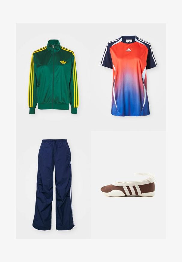 Grüne Satin-Trainingsjacke, mit Reißverschluss vorne, hohem Kragen, gelbem Drei-Streifen-Design an den Ärmeln und kleinem gelben Logo auf der Brust.; Adidas Sportshirt mit kurzen Ärmeln in einem Farbverlauf von Rot zu Blau, mit marineblauen Akzenten und weißen Streifen an den Schultern.; Navyblaue, leichte Hosen mit elastischem Bund und Kordelzug, versehen mit weißen Seitenstreifen und einem kleinen Logo vorne. Locker geschnittenes Design.; Brauner und weißer Ballerinaschuh mit drei weißen Streifen und einer Schleife zum Binden am Knöchel auf einem schlichten hellen Hintergrund.