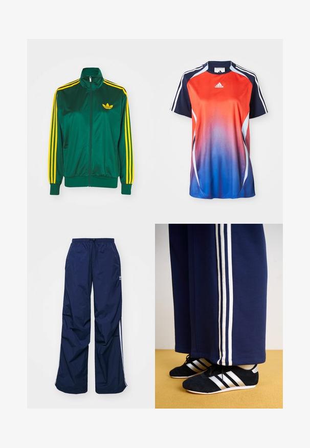 Zelená saténová tréningová bunda, predné zips, vysoký golier, žltý trojprúžkový dizajn na rukávoch a malé žlté logo na hrudi.; Adidas športová košeľa s krátkym rukávom s gradientom od červenej po modrú, s námorníckymi akcentmi a bielymi pruhmi pozdĺž ramien.; Tmavomodré, ľahké nohavice s elastickým pásom a sťahovacou šnúrkou, so svetlými bočnými pásmi a malým logom na prednej strane. Strih voľného strihu.; Námornícke tepláky s tromi bielymi vertikálnymi pruhmi a čiernymi atletickými topánkami so striebornými pruhmi a textúrovaným povrchom. Žltá podlaha.