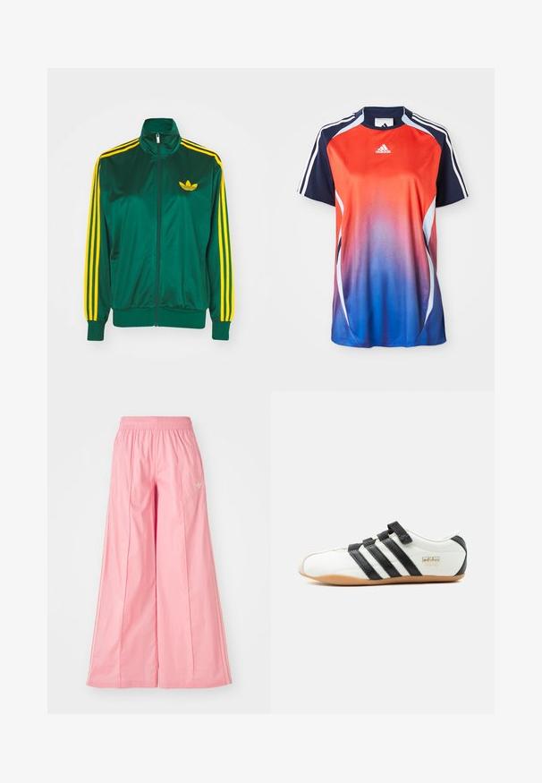 Grøn satin trackjakke, lynlåsfortil, høj krave, gul tre-stripes design på ærmerne og et lille gult logo på brystet.; Adidas kortærmet sports T-shirt med en gradient fra rød til blå, med marineblå akcenter og hvide striber langs skuldrene.; Lyserøde brede bukser lavet af let materiale, med elastisk talje og diskrete hvide side striber. Lille logo på fronten.; Hvid Adidas Tokyo sneaker med sorte striber, sorte velcro-stropper og gummisål, vist fra siden på en hvid baggrund.