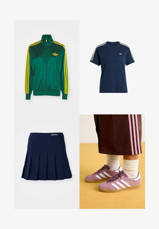 Grøn satin trackjakke, lynlåsfortil, høj krave, gul tre-stripes design på ærmerne og et lille gult logo på brystet.; Marineblå Adidas t-shirt med korte ærmer med hvide tre striber på skuldrene og lille logo på venstre bryst.; Marineblå plisseret nederdel lavet af letvægtsstof; har en elastisk talje og en lille lynlås-lomme, med et hvidt Adidas-logo på forsiden.; Lilla ruskindsneakers med hvide striber, gummisål og teksturerede detaljer, parret med ribbede hvide sokker og en brun træningsbuks med lyserøde striber.