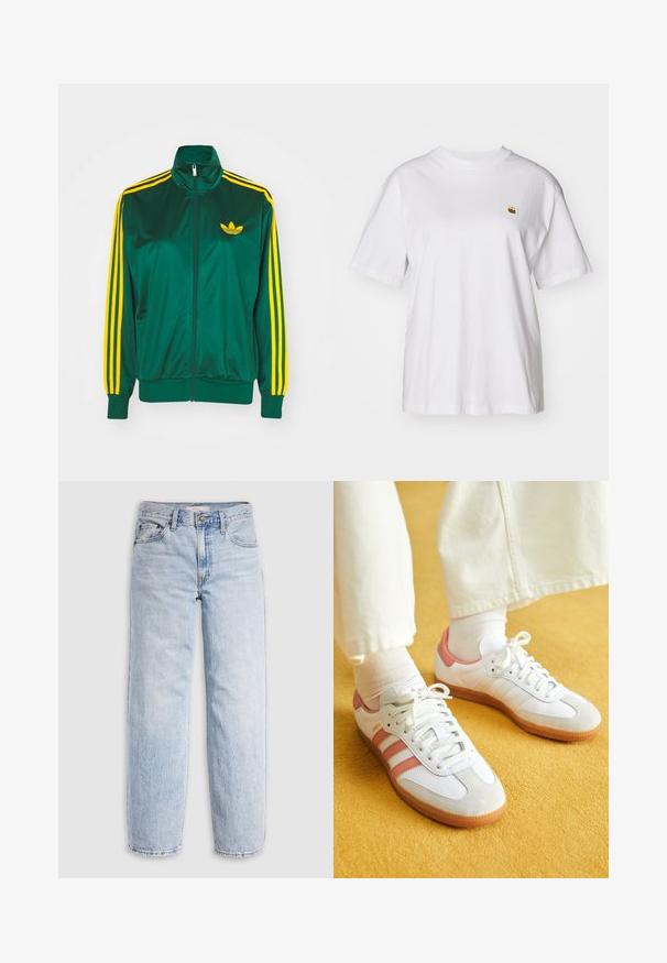 Chaqueta de pista satinada verde, con cremallera en la parte delantera, alto cuello, diseño de tres rayas amarillas en las mangas y un pequeño logo amarillo en el pecho.; Camisa de algodón blanca con corte relajado, mangas cortas y un pequeño logotipo bordado en el área del pecho izquierdo.; Jeans de mezclilla azul claro con cintura alta, corte relajado, piernas rectas y un diseño clásico de cinco bolsillos. Desgastado visible y detalles de costuras.; Zapatillas deportivas blancas con acentos en rosa, materiales de ante y cuero, punta redonda y suela de goma, mostradas con calcetines de color claro sobre un fondo amarillo.