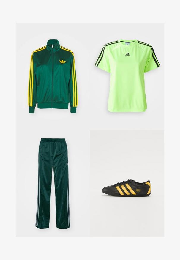 Grøn satin trackjakke, lynlåsfortil, høj krave, gul tre-stripes design på ærmerne og et lille gult logo på brystet.; Neon grøn atletisk t-shirt lavet af svedtransporterende stof. Har et sort tre-stripes design på skuldrene og logoet centreret på brystet.; Mørkegrønne træningsbukser lavet af skinnende materiale, med sidelister i lys grå og et broderet logo på venstre ben.; Sort lædersportssko med gult tre-stribe design, rund tå, sorte snørebånd og lille logo på siden. Lavprofil silhuet.