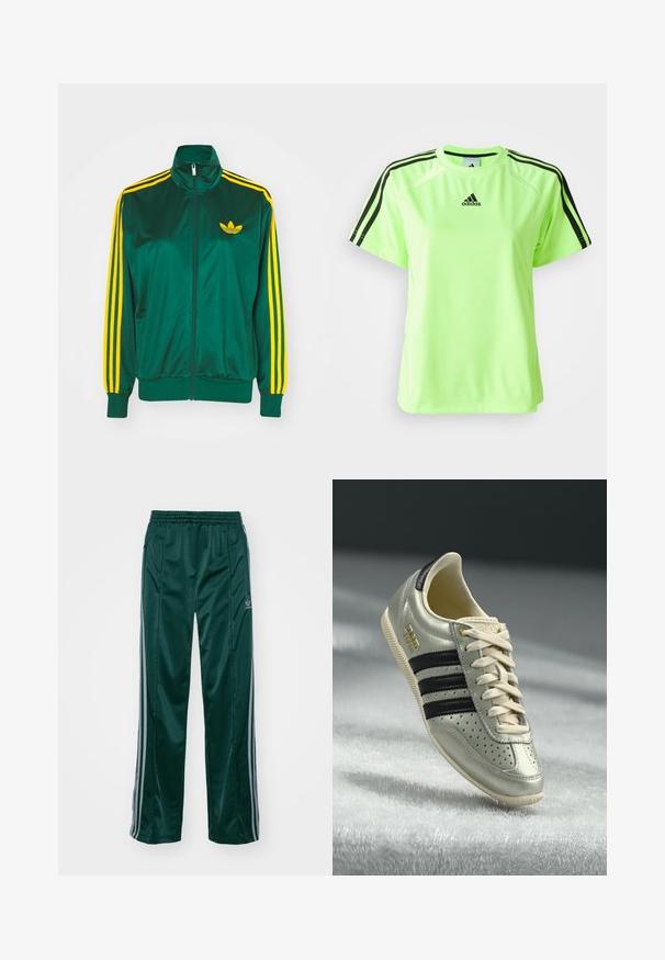 Grüne Satin-Trainingsjacke, mit Reißverschluss vorne, hohem Kragen, gelbem Drei-Streifen-Design an den Ärmeln und kleinem gelben Logo auf der Brust.; Neon-grünes Sport-T-Shirt aus feuchtigkeitsableitendem Material. Mit schwarzem Dreistreifen-Design auf den Schultern und Logo in der Mitte der Brust.; Dunkelgrüne Sporthosen aus glänzendem Material, mit seitlichen Streifen in Hellgrau und einem gestickten Logo auf dem linken Bein.; Hellgraue Leder-Sneaker mit schwarzen Streifen, durchbrochenen Details, beigen Schnürsenkeln und einem goldenen Logo-Patch. Strukturierte Gummisohle.