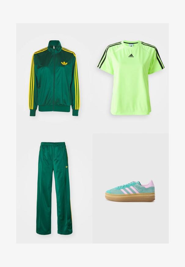 Grøn satin trackjakke, lynlåsfortil, høj krave, gul tre-stripes design på ærmerne og et lille gult logo på brystet.; Neon grøn atletisk t-shirt lavet af svedtransporterende stof. Har et sort tre-stripes design på skuldrene og logoet centreret på brystet.; Grønne satin atletikbukser med en afslappet pasform, der har gule stribeaccenter og et broderet logo på venstre side. Elastisk talje.; adidas Originals GAZELLE BOLD - Sneakers - powder teal/bliss lilac/pure teal